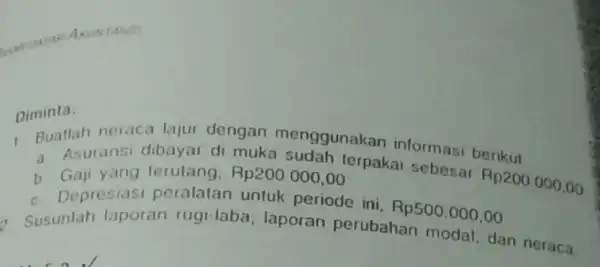 1 Buatlah neraca lajur dengan menggunaka informasi berikut terutang. Rp200000,00 terpakai sebesar Rp200.000,00 b Gaji yang terulang. Rp200.000,00 c. Depresiasi peralatan untuk periode ini.