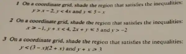 1 On a coordinate grid, shade the region that satisfies the inequalities: ygt x-2,ylt 4x and yleqslant 5-x 2 On a coordinate grid, shade