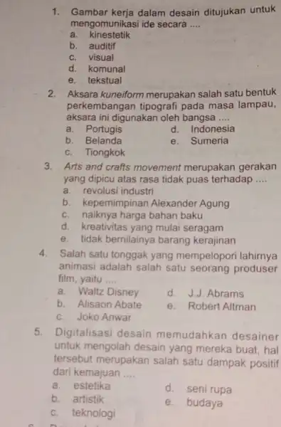 1. Gambar kerja dalam desain ditujukan untuk mengomunikasi ide secara __ a. kinestetik b. auditif c. visual d. komunal e. tekstual 2. Aksara kuneiform