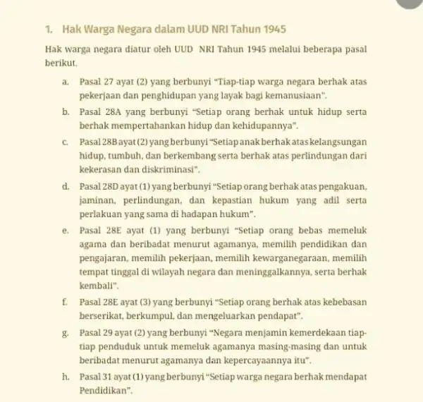 1. Hak Warga Negara dalam UUD NRI Tahun 1945 Hak warga negara diatur oleh UUD NRI Tahun 1945 melalui beberapa pasal berikut. a. Pasal