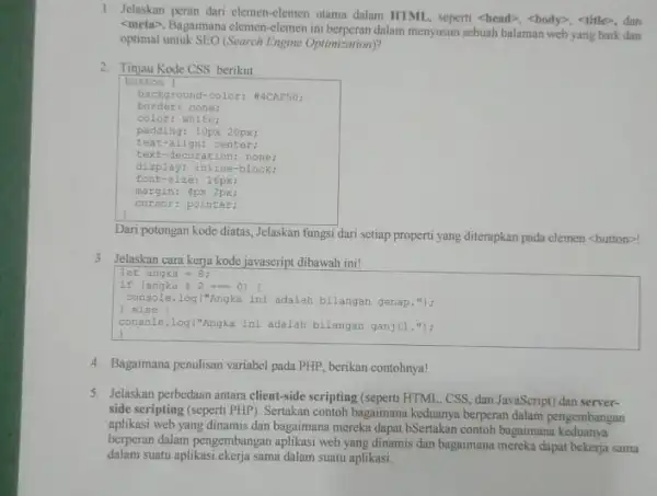 1. Jelaskan peran dari elemen-elemen utama dalam ITTML, seperti <head>, chody>, stitle, dan <metap-Baggaimana elemen-elemen ini berperan dalam menyusun sebuah halaman web yang baik