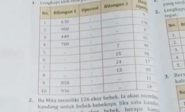 1. Lengkapi titik- 2. Bu Mita memiliki 126 ekor bebek. Ia akan membu kandang untuk bebek-bebeknya. Jika satu kandar