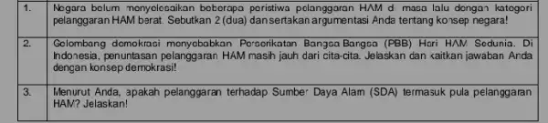 1. Nogara belum menyelesaikan beberapa peristiwa pelanggaran HAM d masa lalu dengan katogori pelanggaran HAM berat. Sebutkan 2.(dua) dansertakan argumentas Anda tentang konsep negara!