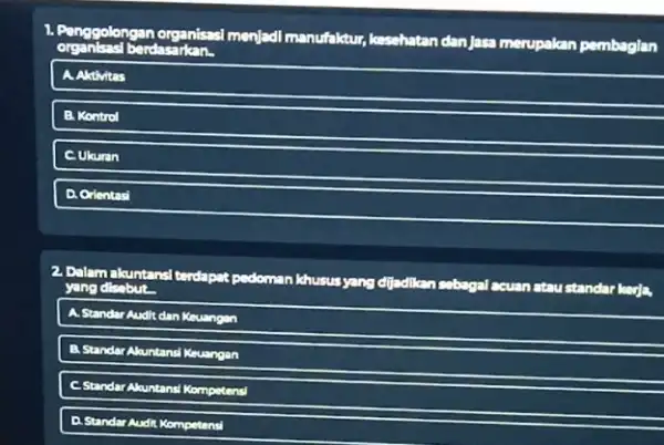 1. Penggolongan organisasi menjadi manufaktur,kesehatan dan jasa merupakan pembaglan berdasarkan. Aktivitas B. Kontrol Ukuran D. Orientasi Dalam akuntansi terdapat pedoman khusus yang dijadikan nsebagal