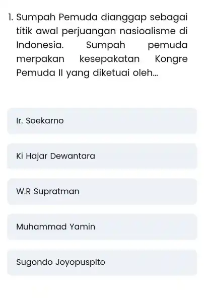 1. Sumpah Pemuda dianggap sebagai titik awal perjuangan nasioalisme di Indonesia . Sumpah pemuda merpakan kesepakatan Kongre Pemuda II yang diketuai oleh __ Ir