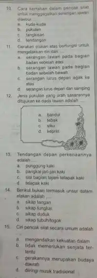 10 Cara bertahan dalam pencar silat untuk menggagakan serangan lawan doebut __ ii. kuda-kuda b. pukulan c. tangkisan d tendangan 11 Gerakan elakan atas