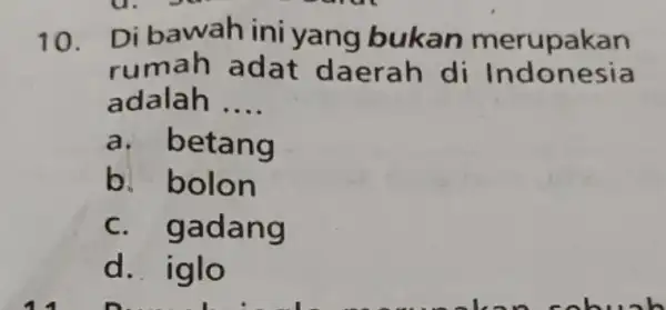 10. Di bawah ini yang bukan merupakan rumah adat daerah di Indonesia adalah __ a. betang b. bolon c. gadang d. iglo