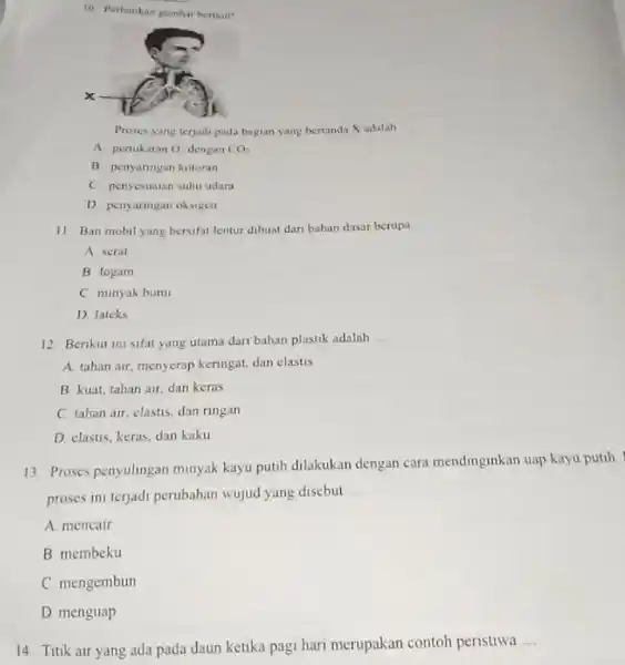 10. Perhatikan gambar berikut! Proses yang terjadi pada bagian yang bertanda X adalah __ A pertukaran O_(2) dengan CO_(2) B penyaringan kotoran C penyesuaian