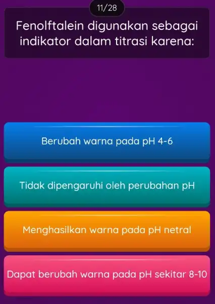 11/28 Fenolftale in digunakan sebagai indikator dalam titrasi karena: Berubah warna pada pH 4-6 Tidak dipengaruhi oleh perubahan pH Menghasilkan warna pada pH netral