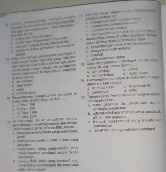 12 kemerdekaan mengemiglawab pendapat secara bebas dan bertanggung jakin. secaranasyarakat, maka dimungkin- kan akan terjadi __ a. masyarakat hidup tenteram a. remilik kepentingan dalam