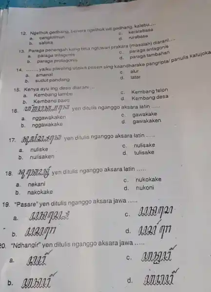 12. Ngethokgedhang, benere ngothok wit godhang __ c. keratabasa d. rurabasa a. cangkriman b. saloka 13. Paraga penengah kang bisa ngluwari prakara (masalah) diarani...