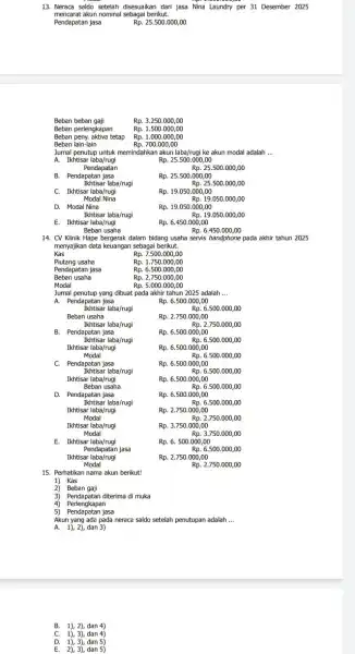 13. Neraca saldo setelah disesuaikan dari jasa Nina Laundry per 31 Desember 2025 mencarat akun nominal sebagai berikut. Pendapatan jasa Rp.25.500.000,00 Beban beban gaji