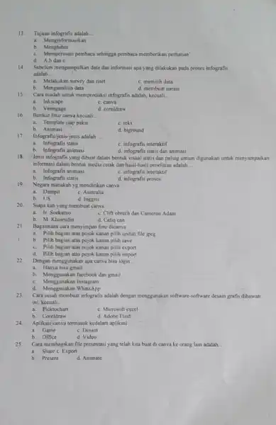 13. Tujuan infografis adalah __ a. Mengin formasikan b Menghibur c. Mempersuasi pembaca sehingga pembaca memberikan perhatian" d. A,bdan c 14. Sebelum mengumpulkan data