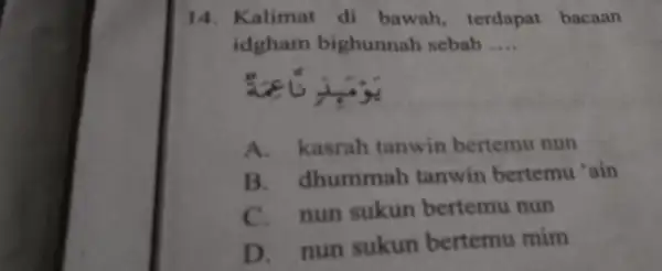 14. Kalimat di bawah, terdapat bacaan idgham bighunnah sebab __ you A.kasrah tanwin bertemu nun B. dhummah tanwin bertemu 'ain nun sukun bertemu nun