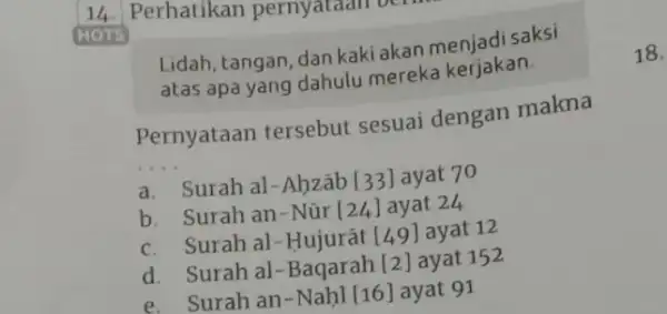 14. Perhatikan pernyataan be HOTS TS Lidah, tangan, dan kaki akan menjadi saksi atas apa yang dahulu mereka kerjakan. Pernyataan tersebut sesuai dengan makna