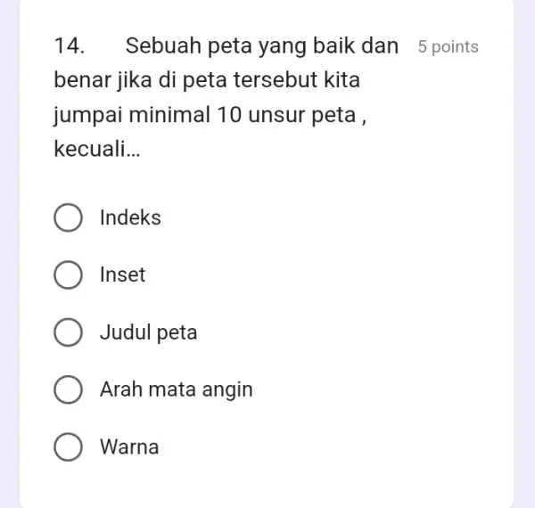 14. Sebuah peta yang baik dan 5 points benar jika di peta tersebut kita jumpai minimal 10 unsur peta , kecuali __ Indeks Inset