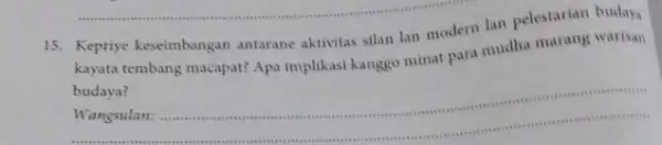 15. Kepriye keseimbangan antarane aktivitas silan lan modern lan pelestarian warisan kayata tembang macapat? Apa implikasi kanggo minat para mudha marang warisan budaya? __