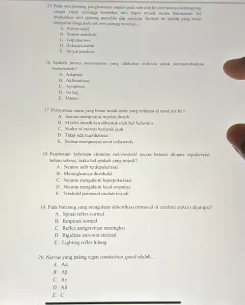 15. Pada otot jantung penghantaran impuls pada satu otot ke otot lainnya berlangsung sangat ceput sehingga kontraksi otot dapat terjadi secara bersamaan. Ini disebabkan