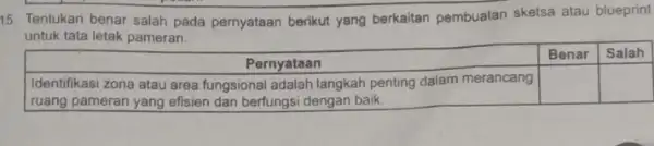 15. Tentukan benar salah pada pernyataan berikut yang berkaitan pembuatan sketsa atau blueprint untuk tata letak pameran. square square