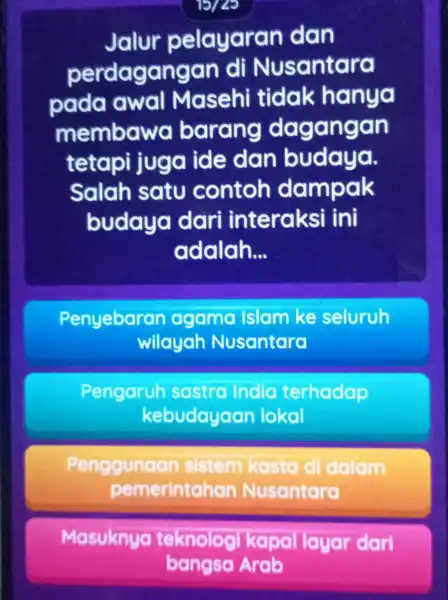 15/25 Jalur pelayaran dan perdagangan di Nusantara pada awal Masehi tidak hanya memban la barang dagangan tetapi juga ide dan budaya. Salah satu contoh