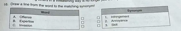 16. Draw a line from the word to the matching synonym! multicolumn(1)(|c|)( Word ) A. Offense B. Expertise C. Invasion & Synonym 1. &