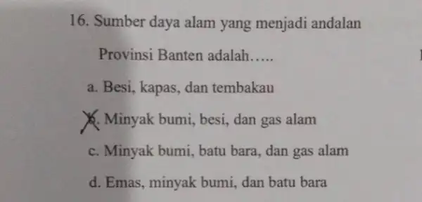 16. Sumber daya alam yang menjadi andalan Provinsi Banten adalah __ a. Besi, kapas, dan tembakau . Minyak bumi, besi,dan gas alam c. Minyak