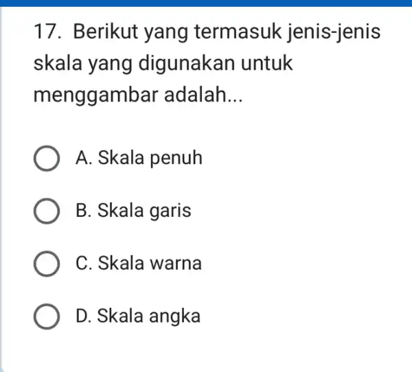 17. Berikut yang termasuk jenis-jenis skala yang digunakan untuk menggambar adalah __ A. Skala penuh B. Skala garis C. Skala warna D. Skala angka