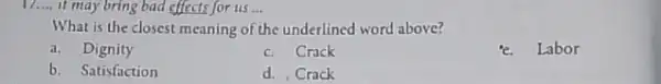 17.... it may bring bad effects for us __ __ What is the closest meaning of the underlined word above? a.Dignity c. Crack "e.