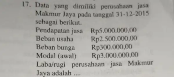 17. Data yang dimiliki perusahaan jasa Makmur Jaya pada tanggal 31-12-2015 sebagai berikut. Modal (awal) Rp3.000.000,00 Laba/rugi perusahaan jasa Makmur Jaya adalah __