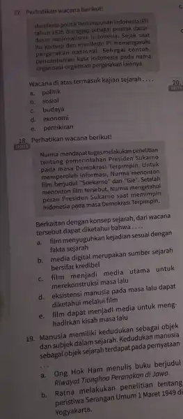 17. Perhatikan wacana berikut! Manifesto politik Perhimpunan Indonesia (PI) tahun peletak dasar- dasar nasionalisme Indonesia. Sejak saat dan manifesto Pl memengaruhi pergerakan nasional. Sebagai