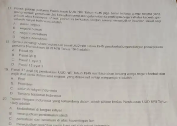 17 Pokok pikiran pertama Pembukaan UUD NRI berisi tentang warga negara yang menghendaki kewajiban untuk mengutamakan kepentingan negara diatis kepentingan seluruh rakyat Indonesia adalah