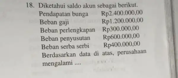 18. Diketahui saldo akun sebagai berikut. Pendapatan bunga Rp2.400.000,00 Beban gaji Beban perlengkapan Rp300.000,00 Rp600.000,00 Beban serba serbi Rp400.000,00 Berdasarkan data di atas ,