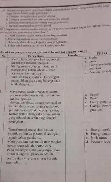 19. Bagaimana pesawat sederhana dapat dimanfaatkan untuk mengurangi usaha yang diperlukan dalam suatu pekerjaan? a. Dengan energi kinetik b. Dengan memodifikasi hukum kekekalan energi