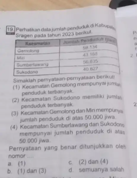 19. Perhatikan data jumlah penduduk di Kabupals Sragen pada tahun 2023 berikut. multicolumn(1)(|c|)( Kecamatan ) & Jumlah Penduduk (jiey) Gemolong & 59.134 Miri &