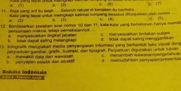 a. (1) b C. (6) d 7 11. Raja yang arif itu telah __ Seluruh rakyat di kerajaan itu berduka. Kata yang tepat untuk