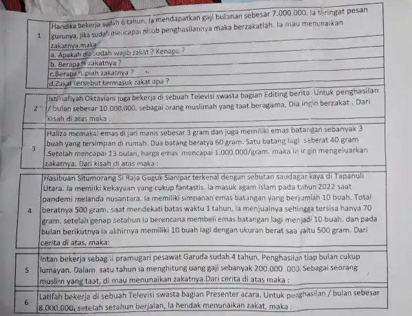 1 Handika bekerja sudah 6 tahun. la gaji bulanan sebesar 7.000 .000 la teringat pesan gurunya, jika sudah mencapai nisob penghasilannya maka berzakatlah .