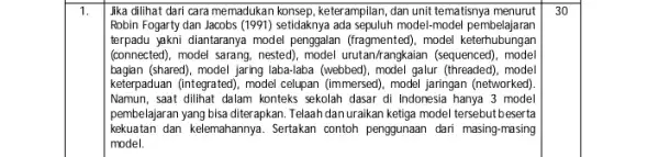 1. Jika dilihat dari cara memadukan konsep, keterampilan dan unit tematisnya menurut Robin Fogarty dan Jacobs (1991) setidaknya ada sepuluh model-model pembelajaran terpadu yakni