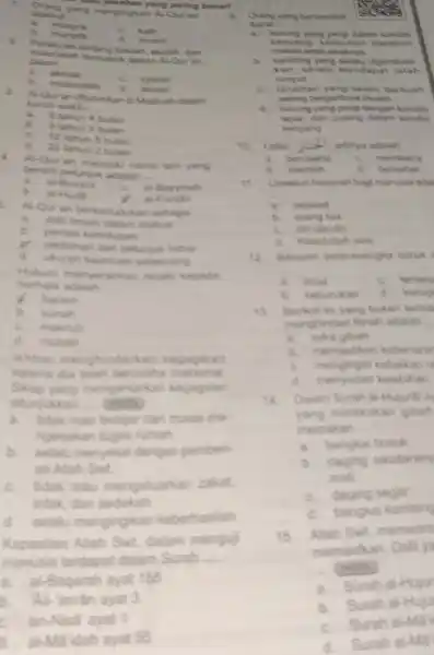 1. yang mengingkan Al-Quran Mid-juwaban yang paling benari disebul __ a. musynk C. kafe b. I munafik d. musnt 2. Peraturan tentang badah akudah