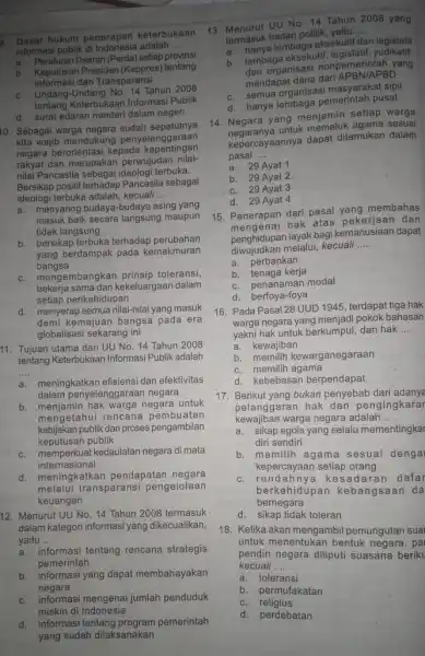 2. Dasar hukum penerapan keterbukaan informasi publik di adalah __ in Peraturan Daerah (Perda) setiap provinsi b. Keputusan Presiden (Keppres)tentang Informasi dan Transparansi c.