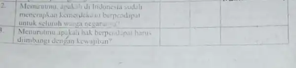 2. Memurutmu, apakah di Indonesia sudah square square square menerapkan kemerdekaan berpendipat untuk seluruh warga negaranya? 3. Menurutmu,apakah hak berpendapat harus square square square