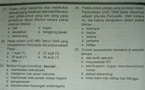 21. Kuasa untuk menerima atau melakukan sesuatu yang mestinya diterima/dilakukan oleh pihak-pihak yang lain yang pada prinsipnya dapat dituntut secara paksa olehnya disebut ....