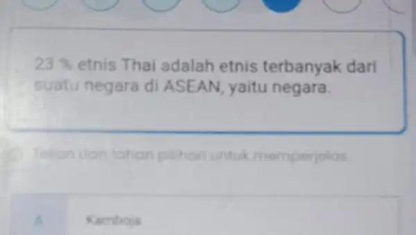 23% etnis Thai adalah etnis terbanyak dari suatu negara di ASEAN, yaitu negara. Tokan dan tahan pilihan untuk memperjelas Kamboja