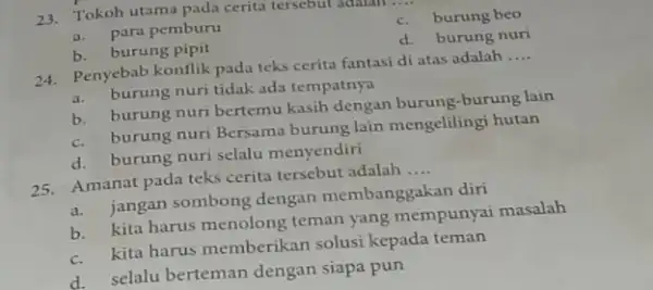 23.Tokoh utama pada cerita tersebut adalah __ a. para pemburu c.burung beo b. burung pipit d.burung nuri 24.Penyebab konflik pada teks cerita fantasi di