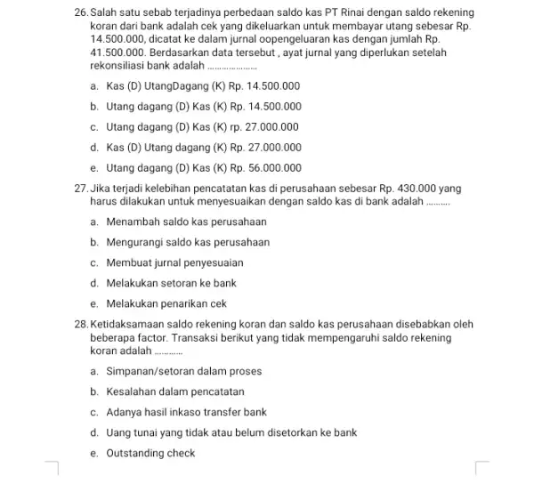 26. Salah satu sebab terjadinya perbedaan saldo kas PT Rinai dengan saldo rekening koran dari bank adalah cek yang dikeluarkan untuk membayar utang sebesar