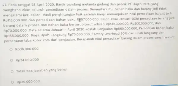 27. Pada tanggal 25 April 2020, Banjir bandang melanda gudang dan pabrik PT Hujan Rara, yang menghancurkan seluruh persediaan dalam proses Sementara itu, bahan