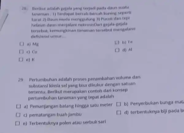 28 Berikut adalah gejala yang terjadi pada daun suatu tanaman: 1) Terdapat bercak-bercak kuning seperti karat 2) Daun muda menggulung 3) Pucuk dan tepi