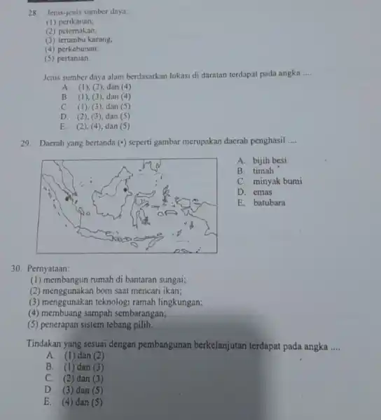 28. Jenis-jenis sumber daya: (1) perikanan; (2) peternakan; (3) terumbu karang: (4) perkebunan; (5) pertanian. Jenis sumber daya alam berdasarkan lokasi di daratan terdapat