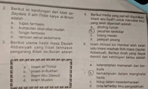 2. Berikut isi kandungan dari kitab as- Saydala fi ath-Thibb karya al-Biruni adalah __ a.tugas farmasis b. kumpulan obat-obat mudah c. fungsi farmasis d.