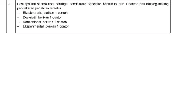 2 Deskripsikan secara rinci berbagai pendekatan penelitian berikut ini dan 1 contoh dari masing -masing pendekatan penelitian tersebut - Eksploratoris, berikan 1 contoh Deskriptif,