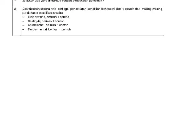 2 Deskripsikan secara rinci berbagai pendekatan penelitian berikut ini dan 1 contoh dari masing-masing pendekatan pencilitian lerscbul - Eksploratoris, berikan 1 contoh Deskriptif, berikan
